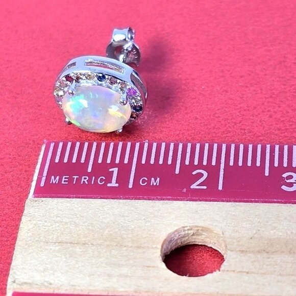 925 Sterling Silver Earrings with Natural White Opal 9x7mm & Sapphire Gemstone - Picture 4 of 6